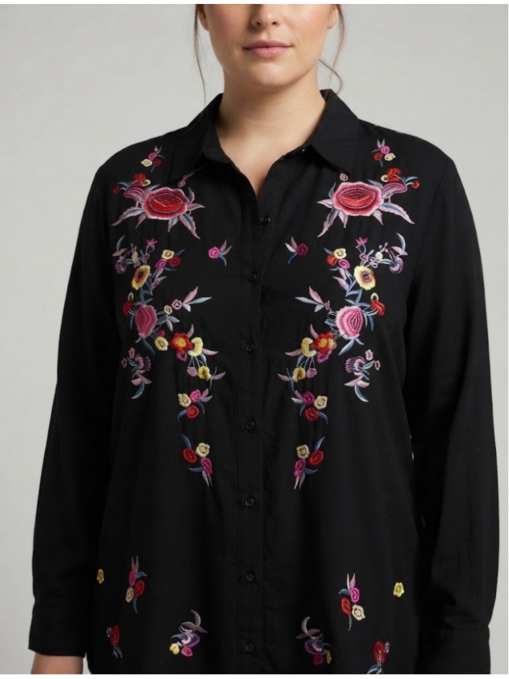 Black Tape Floral Embroidered Button Down Shirt, Size L, Black